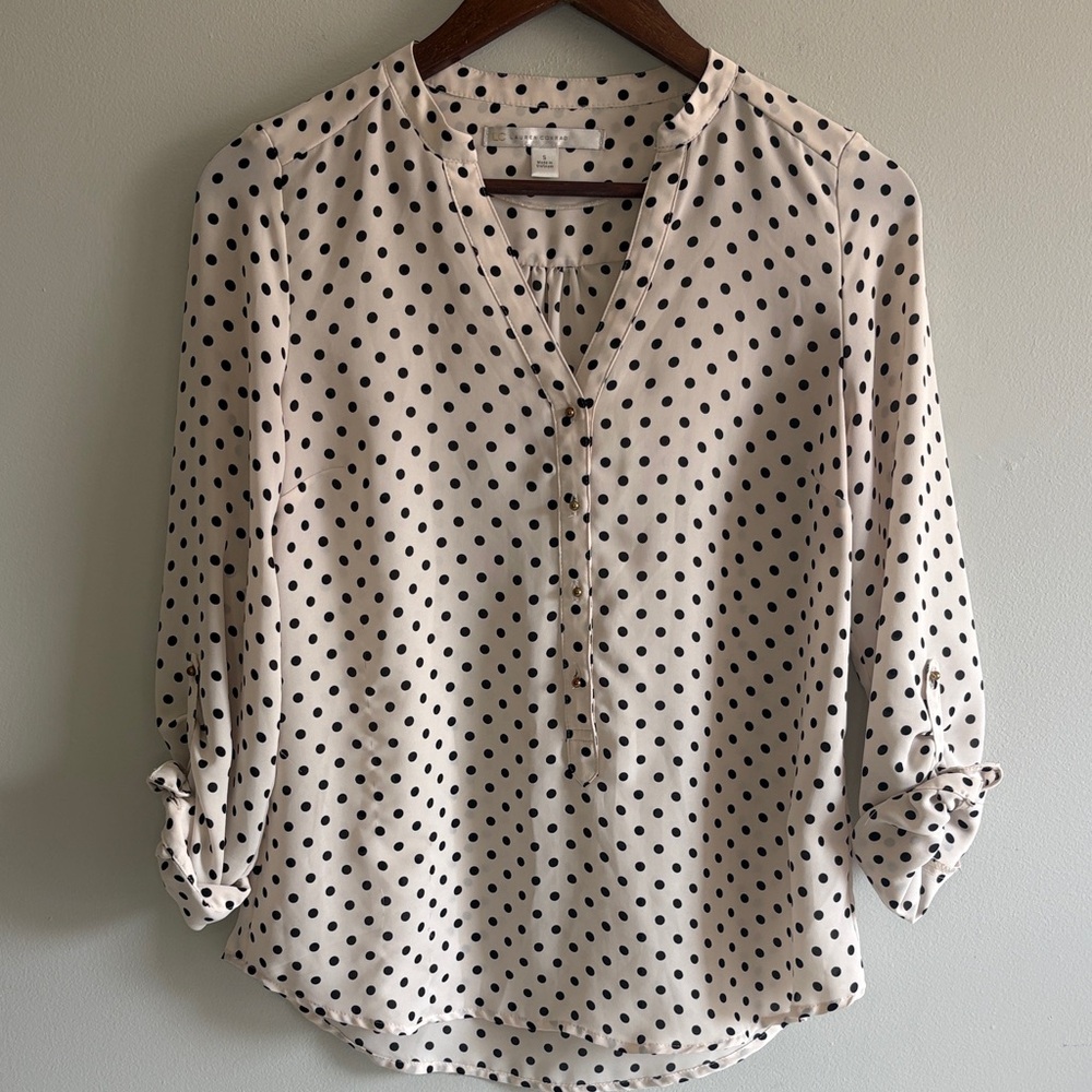 LC Lauren Conrad Polka Dot Blouse Cream Black Tie Sleeve Small